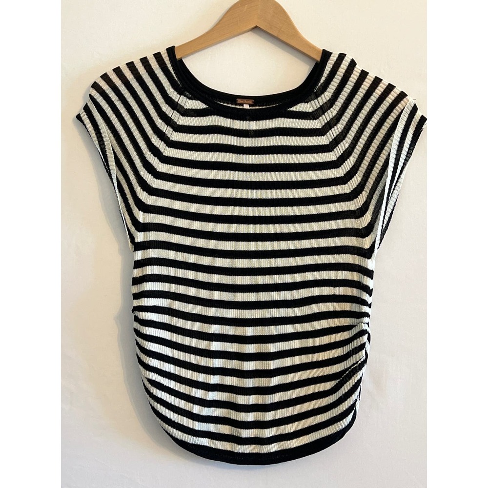 Free People Knitted Ruched Black and White Striped Top Sz Medium